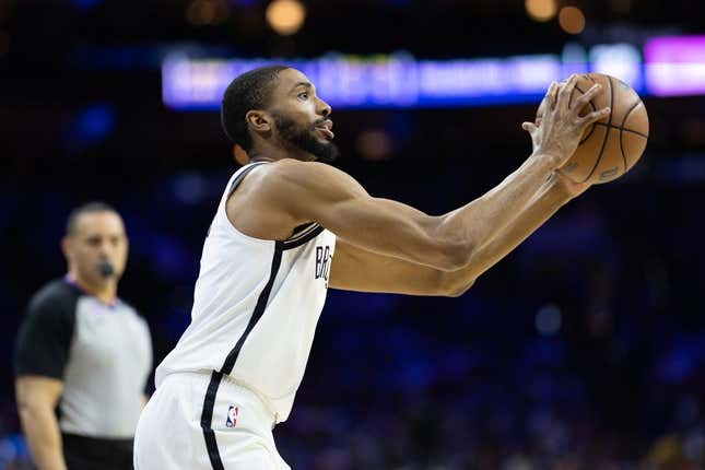 Apr 17, 2023; Philadelphia, Pennsylvania, USA; Brooklyn Nets forward Mikal Bridges (1) shoots the ball against the Philadelphia 76ers during the second quarter in game two of the 2023 NBA playoffs at Wells Fargo Center.