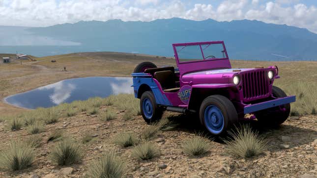 A pink super wheelspin jeep is parked on the side of a mountain in Forza Horizon 5.