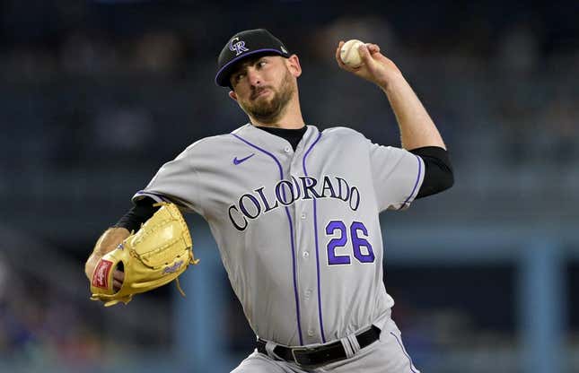 Aug 11, 2023; Los Angeles, California, USA;  Colorado Rockies starting pitcher Austin Gomber (26) delivers in the third inning against the Los Angeles Dodgers at Dodger Stadium.