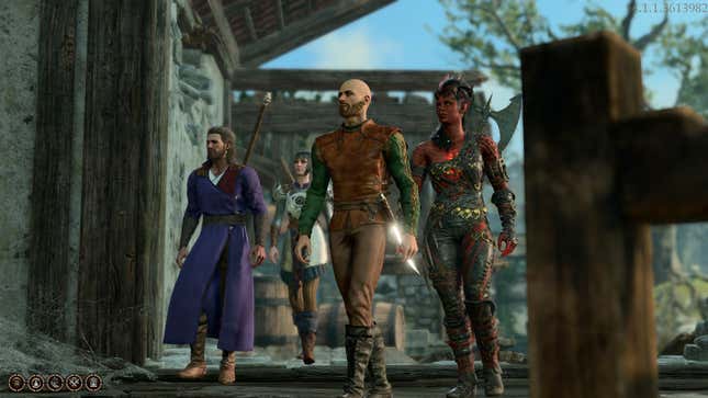Gale, Shadowheart, Tav, and Kalrach are seen walking on a bridge.