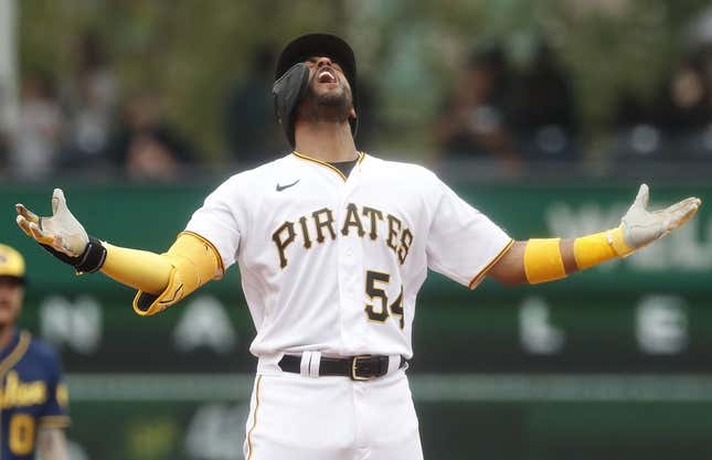 Jul 2, 2023; Pittsburgh, Pennsylvania, USA;  Pittsburgh Pirates right fielder Josh Palacios (54) reacts at second base with an RBI double against the Milwaukee Brewers during the eighth inning at PNC Park. The Brewers won 6-3.