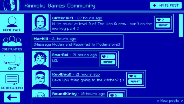 A user named GlitterGirl asks for help in a game. One user responds, "Have you tried going to the kitchen?"