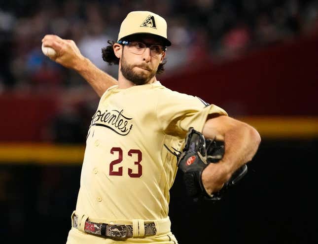 Jun 16, 2023; Phoenix, AZ, USA; Arizona Diamondbacks starting pitcher Zac Gallen (23) throws to the Cleveland Guardians in the first inning at Chase Field.