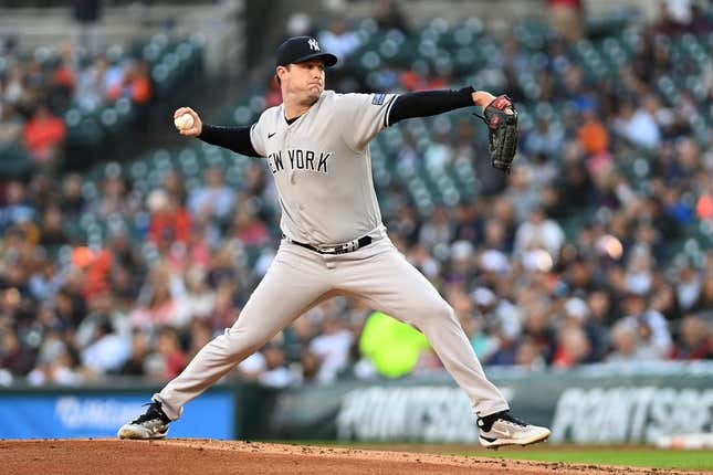 Aug 30, 2023; Detroit, Michigan, USA; New York Yankees starting pitcher Gerrit Cole (45) throws a pitch against the Detroit Tigers in the first inning at Comerica Park.