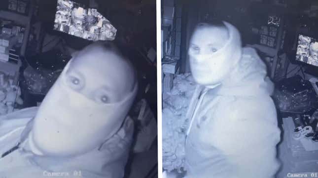 Two images of the suspect as seen in a security camera recording of the crime. 