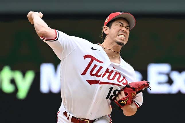 Jul 4, 2023; Minneapolis, Minnesota, USA; Minnesota Twins starting pitcher Kenta Maeda (18) throws a pitch against the Kansas City Royals during the first inning at Target Field.