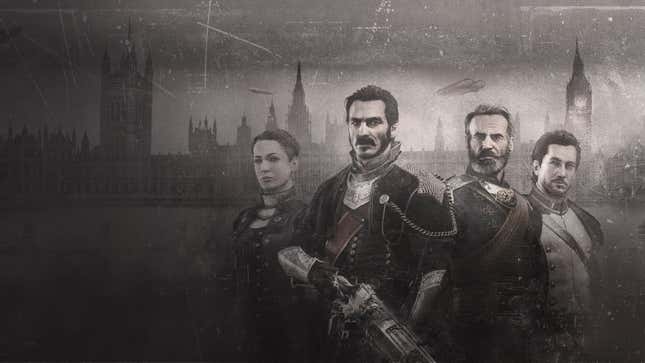 The cast of The Order: 1886 is seen on a black-and-white photo with London in the background.
