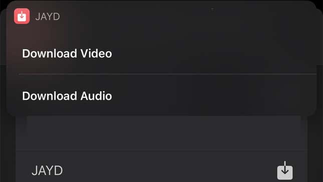Extracting audio from a YouTube video using the JAYD shortcut on iPhone.