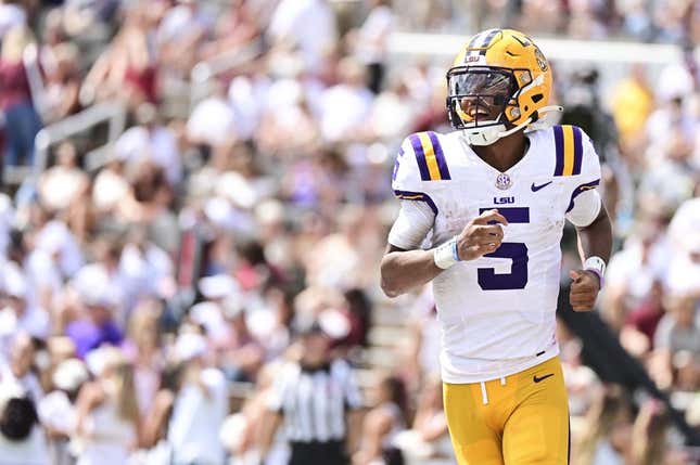 Sep 16, 2023; Starkville, Mississippi, USA; LSU Tigers quarterback Jayden Daniels (5) reacts after a play against the Mississippi State Bulldogs during the second half at Davis Wade Stadium at Scott Field.