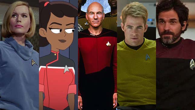 Left to right: Starfleet uniforms from "The Cage" pilot, Lower Decks, The Next Generation, Star Trek 2009, and Star Trek: Picard.