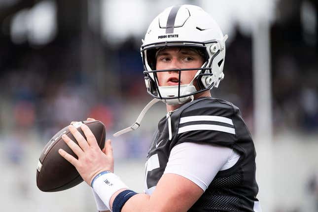 Penn State quarterback Drew Allar warms up on the sideline during the Blue-White game at Beaver Stadium on Saturday, April 15, 2023, in State College.

230415 Hes Dr Bluewhite