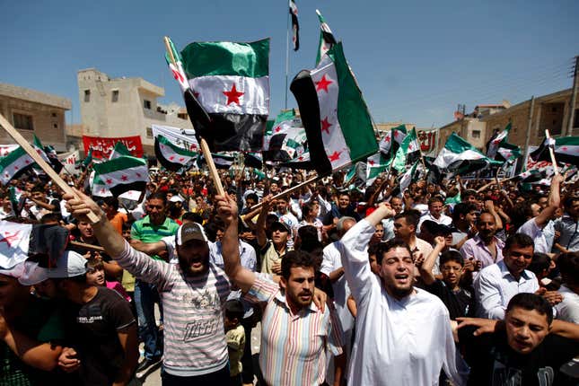 Anti-Assad protestors on the outskirts of Idlib, 2012.