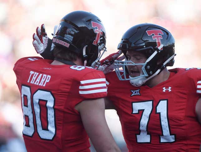 Texas Tech&#39;s tight end Mason Tharp (80) and Texas Tech&#39;s offensive lineman Monroe Mills (71) celebrate a touchdown against Tartleton State in a non-conference football game, Saturday, Sept. 16, 2023, at Jones AT&amp;amp;T Stadium.