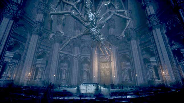 Bloodborne's Lesser Amygdala, menacing and towering, clings to an inner church wall after crushing the player to death.