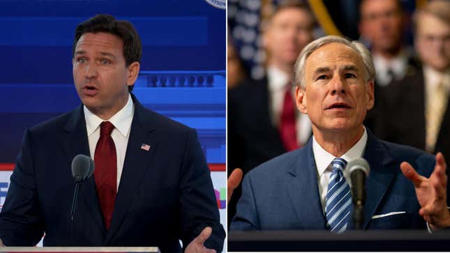 A picture of Florida gov. Ron DeSantis and Texas Gov. Greg Abbot holding their hands up in the same gesture