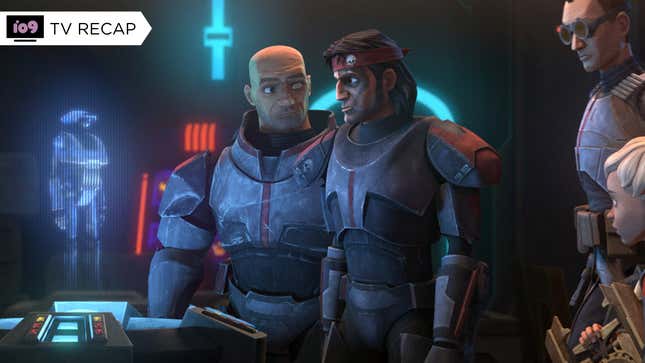 Wrecker, Hunter, Omega, and Tech look at a hologram of a Clone Wars-era Tactical Droid.