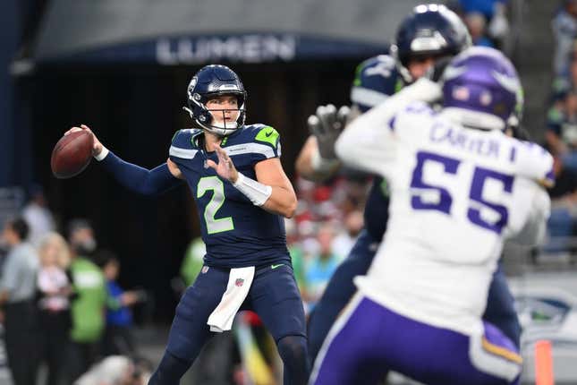 Aug 10, 2023; Seattle, Washington, USA; Seattle Seahawks quarterback Drew Lock (2) looks to pass the ball against the Minnesota Vikings during the first half at Lumen Field.