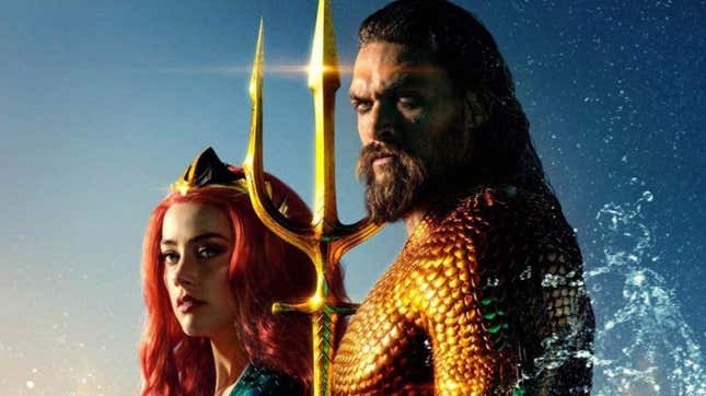 Amber Heard and Jason Momoa strike a dramatic, sunlit moment in the first Aquaman film.