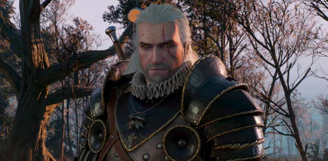 Geralt marvels at his new ray-traced reflection. 