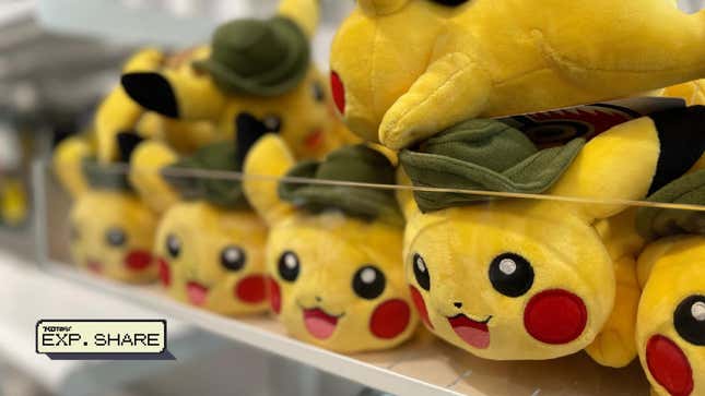 Pikachu plushies are seen on a store shelf.