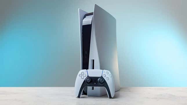 A PlayStation 5 console and a controller on a white countertop