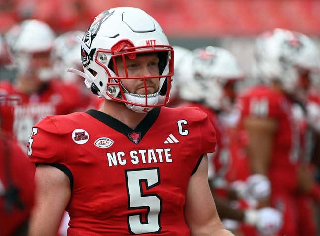 Sep 9, 2023; Raleigh, North Carolina, USA;  North Carolina State Wolfpack quarterback Brennan Armstrong (5) warms up prior to a game against the Notre Dame Fighting Irish at Carter-Finley Stadium.