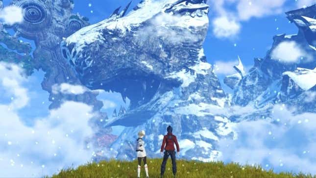 Two Xenoblade Saga 3 protagonists stand facing a beautiful backdrop of uncertain origin.