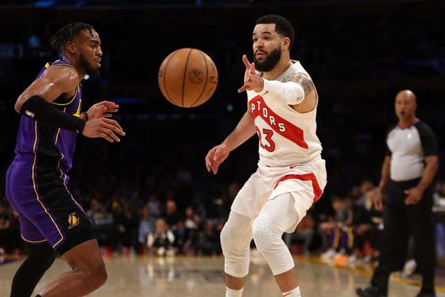 Mar 10, 2023; Los Angeles, California, USA; Toronto Raptors guard Fred VanVleet (23) passes the ball during the first quarter against the Los Angeles Lakers at Crypto.com Arena.