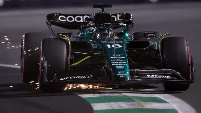 Lance Stroll of Canada driving the (18) Aston Martin AMR23 Mercedes on track during qualifying ahead of the F1 Grand Prix of Saudi Arabia at Jeddah Corniche Circuit on March 18, 2023 in Jeddah, Saudi Arabia