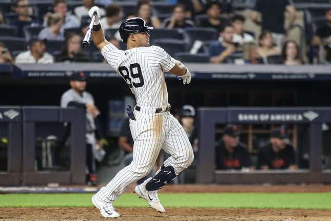 Sep 6, 2023; Bronx, New York, USA;  New York Yankees center fielder Jasson Dominguez (89) hits a single in the sixth inning against the Detroit Tigers at Yankee Stadium.