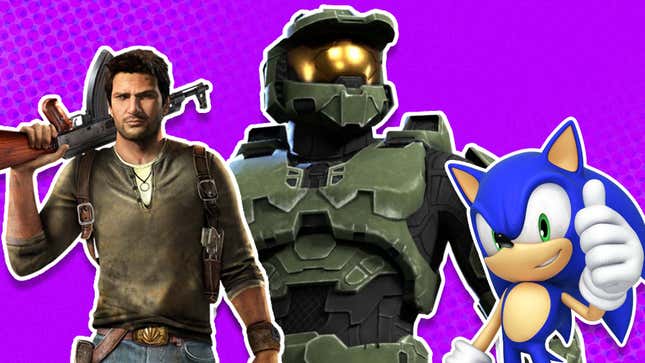 Nathan Drake, Master Chief and Sonic hanging out in a purple void. 