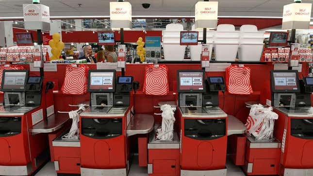 Line of self-checkout registers