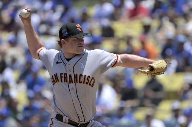 Jun 18, 2023; Los Angeles, California, USA;  San Francisco Giants starting pitcher Logan Webb (62) throws to the plate in the first inning against the Los Angeles Dodgers at Dodger Stadium.