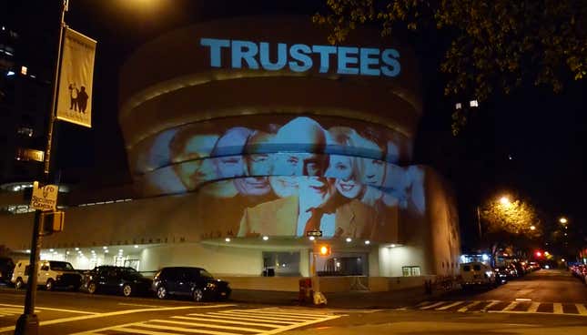 Image for article titled “You broke trust”: Activists are shaming the Guggenheim on its own facade