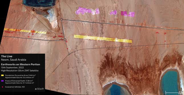Imagen para el artículo titulado Una imagen de satélite revela que la megaciudad de ciencia ficción de Arabia Saudita se está construyendo