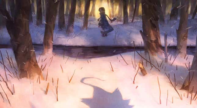 A character walks into the snowy woods in some anime concept art.