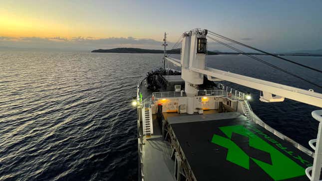 A photo of the view from the bridge of the St Helena ship. 