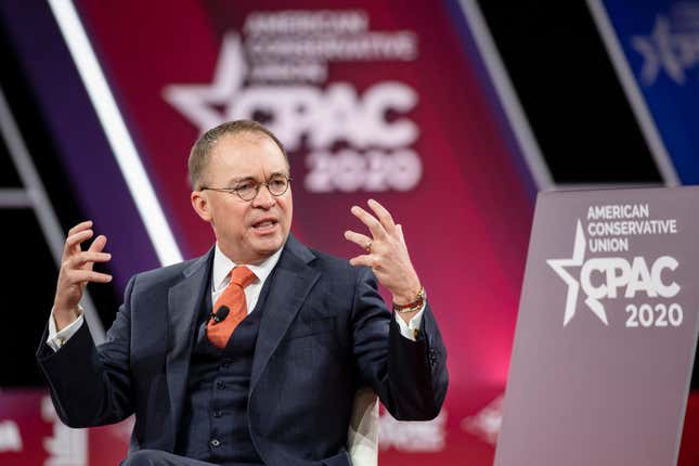 Mick Mulvaney at CPAC on Feb. 28, 2020 where he suggested the only reason the media was covering the coronavirus was to harm Donald Trump. The current U.S. death toll from covid-19 is nearly 1 million people.