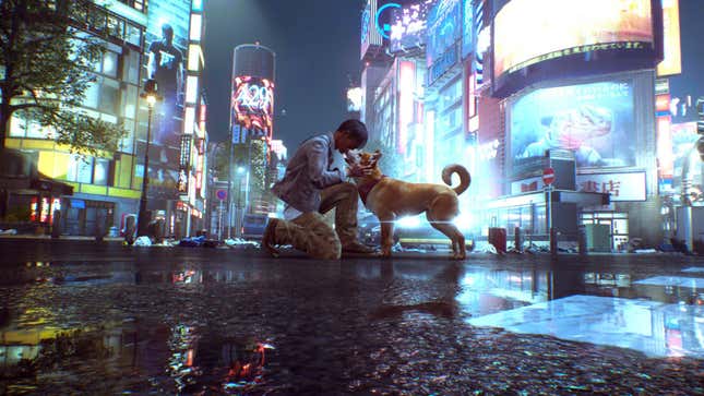 A Ghostwire: Tokyo screenshot depicting protagonist Akito petting a shiba inu dog in the empty yet brightly-lit streets of Shibuya.