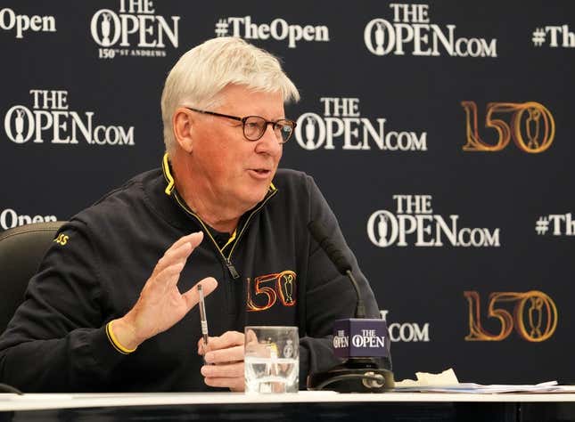 Jul 13, 2022; St. Andrews, SCT; Royal &amp;amp; Ancient chief executive Martin Slumbers holds a press conference at the 150th Open Championship golf tournament at St. Andrews Old Course.