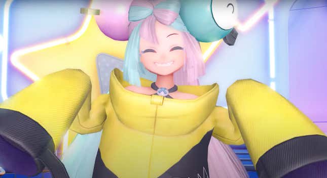 Gym leader Iono grins while wearing an oversized yellow jacket.