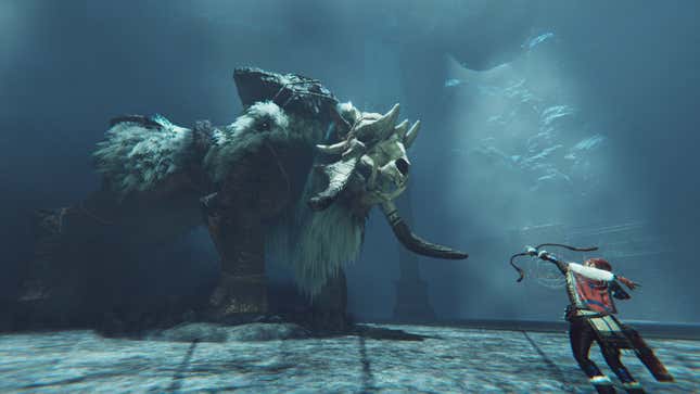 The protagonist of Praey For The Gods fires her bow at a large boss.