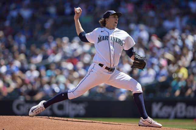 Aug 2, 2023; Seattle, Washington, USA; Seattle Mariners starting pitcher Logan Gilbert  works during the first inning at T-Mobile Park.