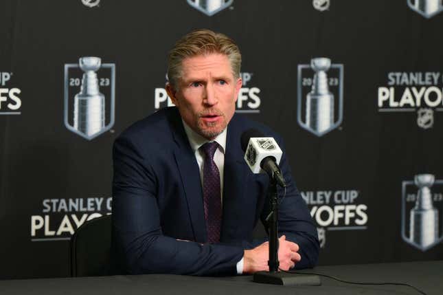 May 9, 2023; Seattle, Washington, USA; Seattle Kraken head coach Dave Hakstol speaks to the media after the game against the Dallas Stars in game four of the second round of the 2023 Stanley Cup Playoffs at Climate Pledge Arena.