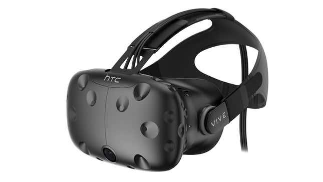 A closeup of the Vive headset, with an HDMI cable floating off to an invisible PC.