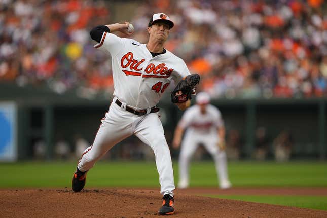 Aug 5, 2023; Baltimore, Maryland, USA; Baltimore Orioles pitcher Kyle Gibson (48) delivers a pitch during the first inning against the New York Mets at Oriole Park at Camden Yards.