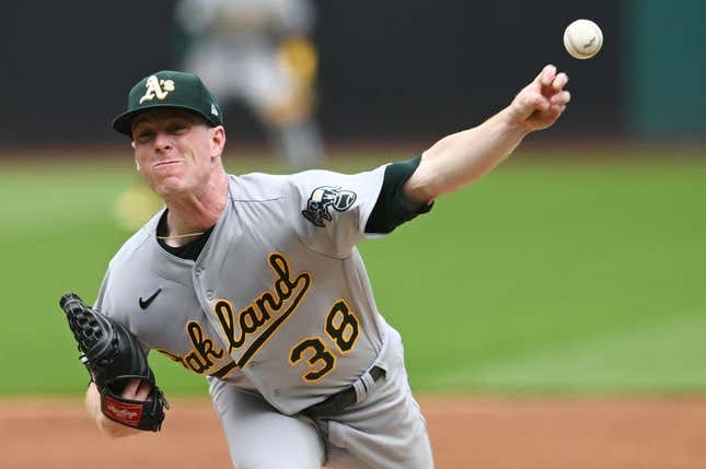 Jun 22, 2023; Cleveland, Ohio, USA; Oakland Athletics starting pitcher JP Sears (38) throws a pitch during the first inning against the Cleveland Guardians at Progressive Field.