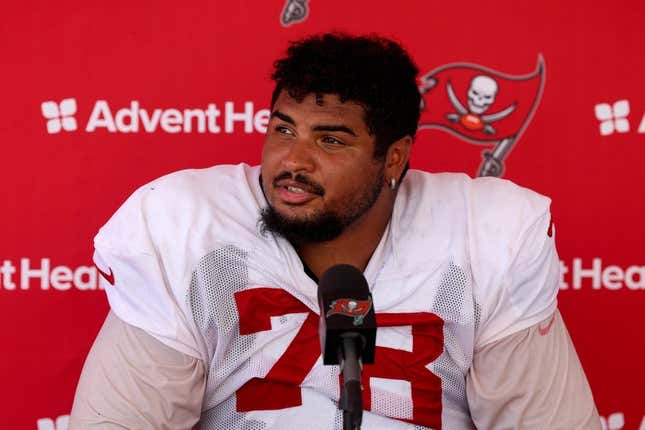 Aug 3, 2023; Tampa Bay, FL, USA;  Tampa Bay Buccaneers offensive tackle Tristan Wirfs (78) gives a press conference after training camp at AdventHealth Training Center.