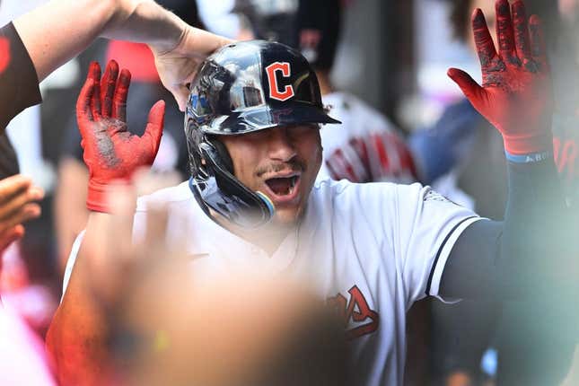 Jun 25, 2023; Cleveland, Ohio, USA; Cleveland Guardians first baseman Josh Naylor (22) celebrates after hitting a home run during the second inning against the Milwaukee Brewers at Progressive Field.