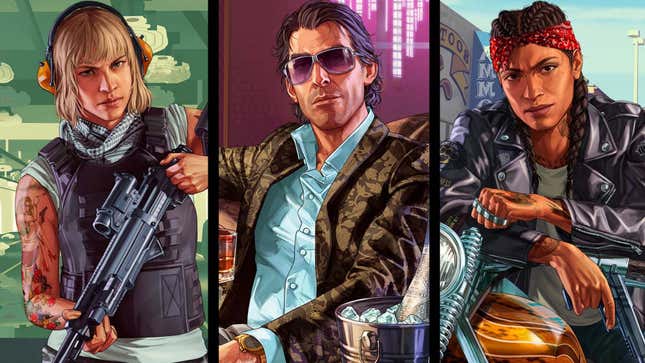 A woman with a rifle, a man in sunglasses and a woman in a leather jacket collected in a GTA Online art collage. 